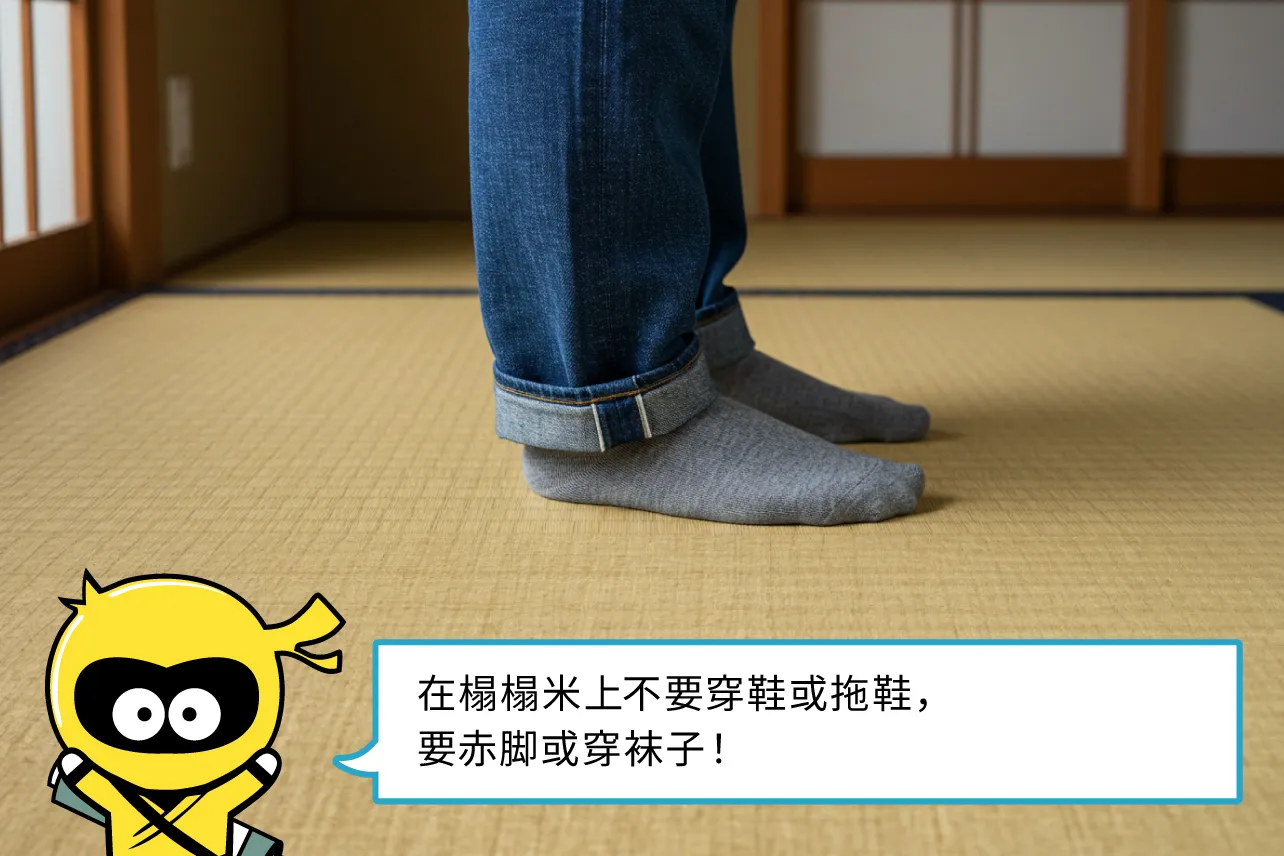 在榻榻米上不要穿鞋或拖鞋,要赤脚或穿袜子!