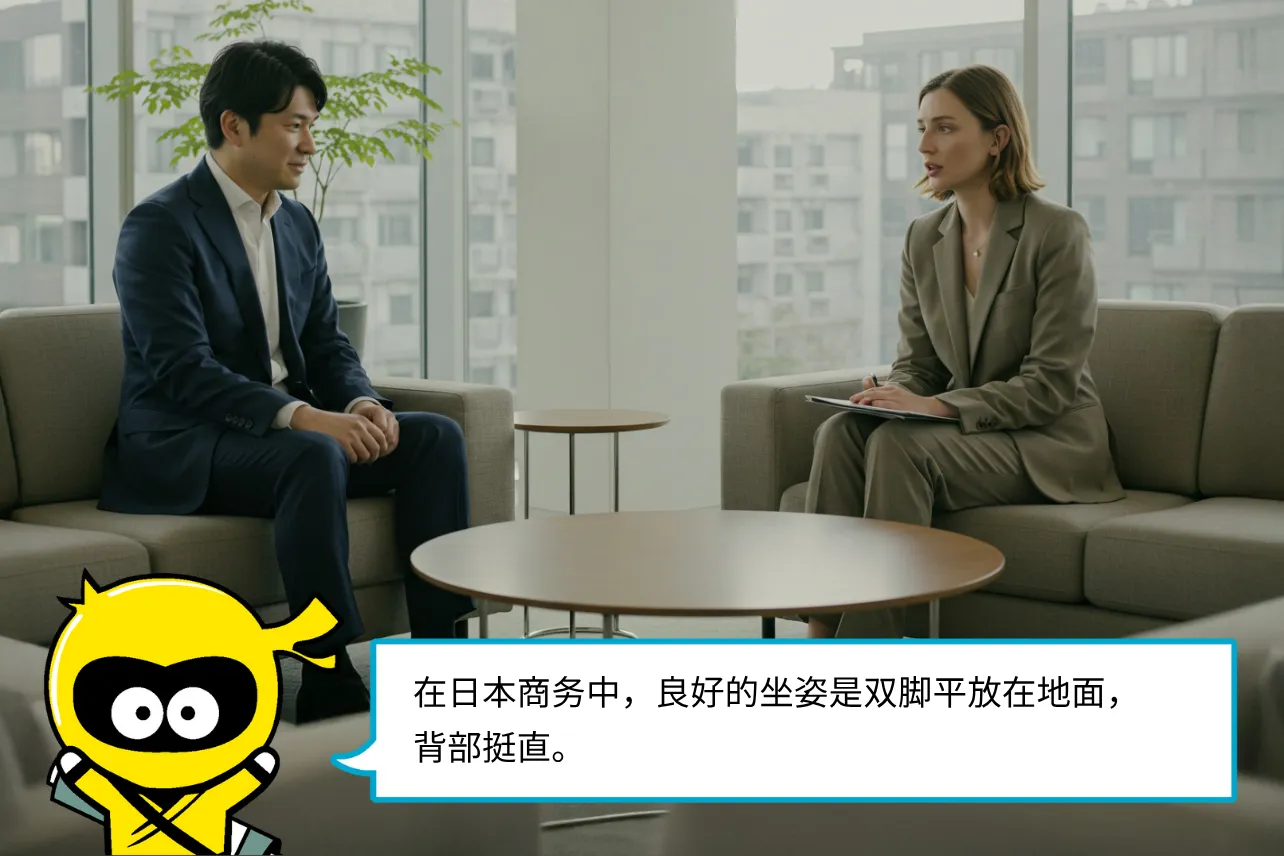 在日本商务中,良好的坐姿是双脚平放在地面,背部挺直。
