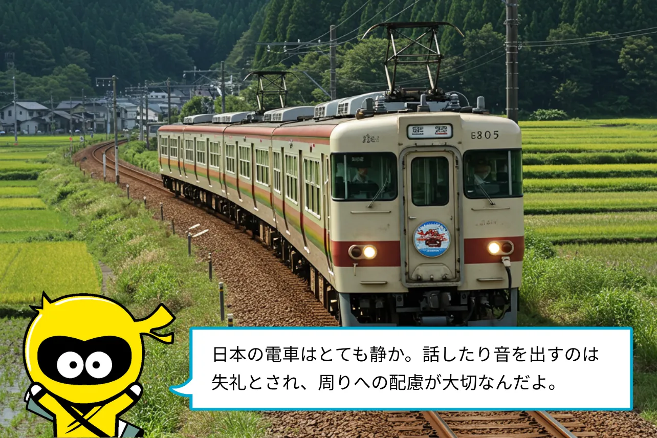 日本の電車はとても静か。話したり音を出すのは失礼とされ、周りへの配慮が大切なんだよ。