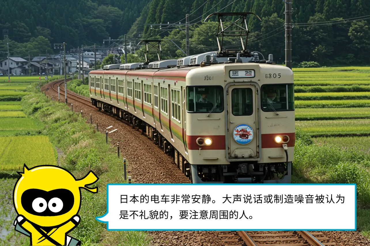 日本的电车非常安静。大声说话或制造噪音被认为是不礼貌的，要注意周围的人。