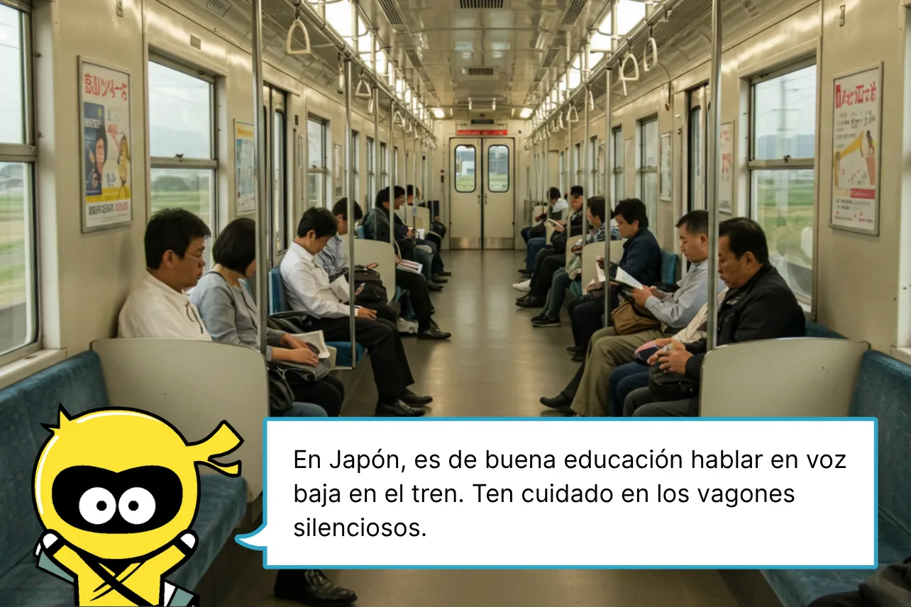 En Japón, es de buena educación hablar en voz baja en el tren. Ten cuidado en los vagones silenciosos.
