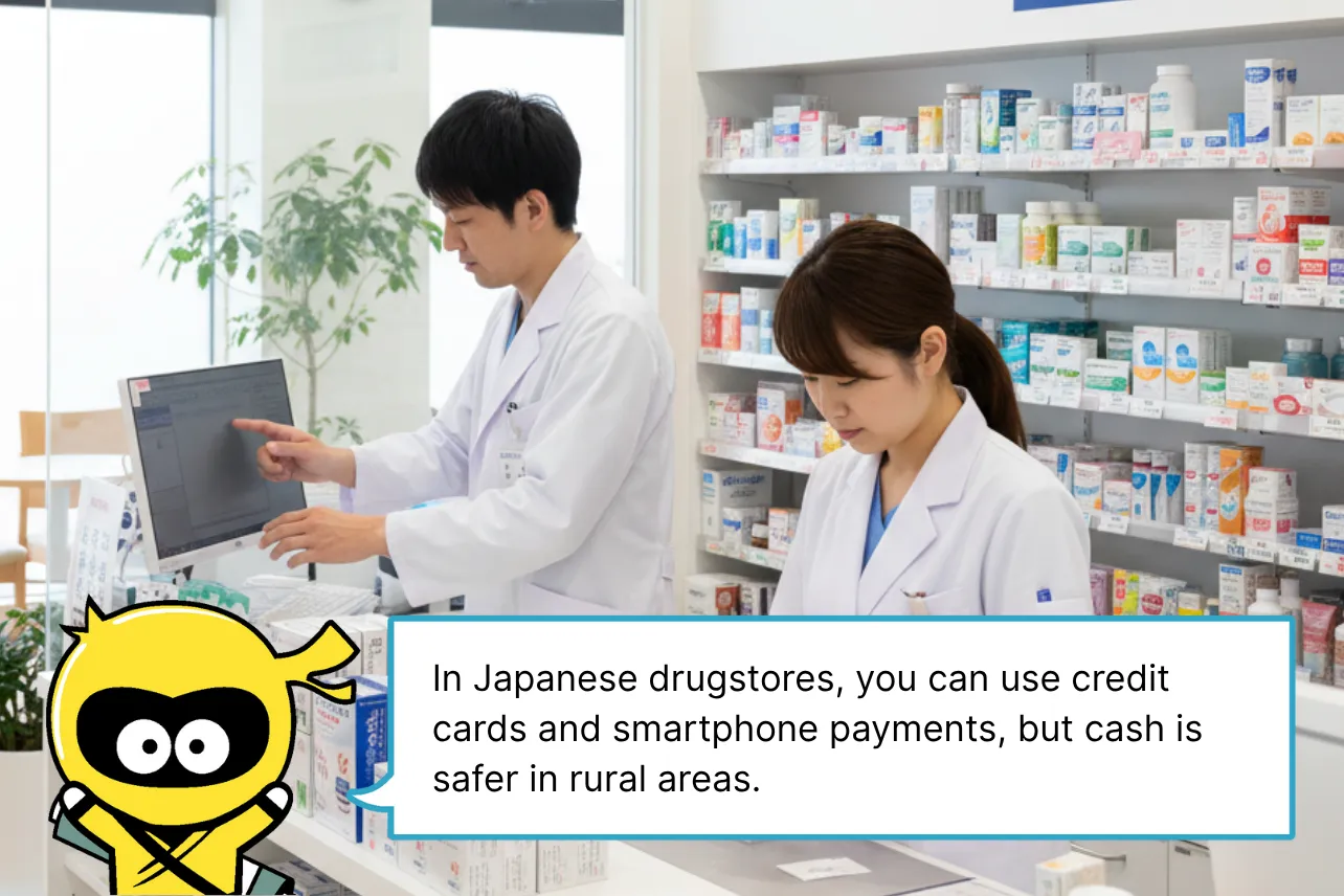In Japanese drugstores, you can use credit cards and smartphone payments, but cash is safer in rural areas.